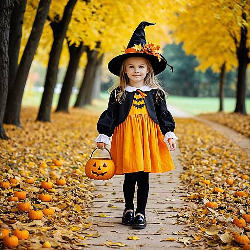 Little Girl in Halloween Costume on Autumn Path