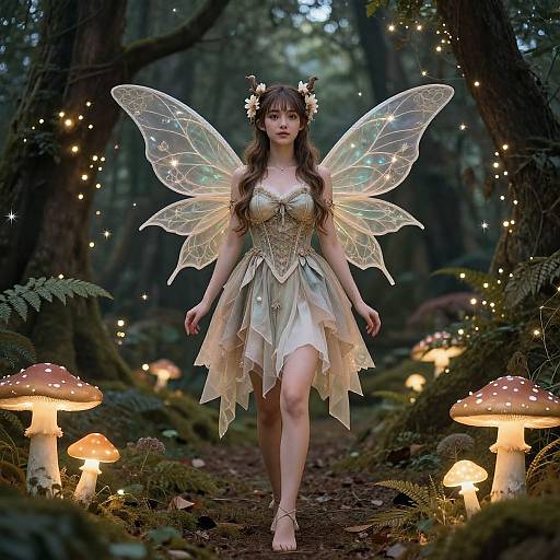Photograph of a fairy-like woman with translucent wings, floral crown, and glowing dress, walking through a magical forest with glowing mushrooms and floating lights.