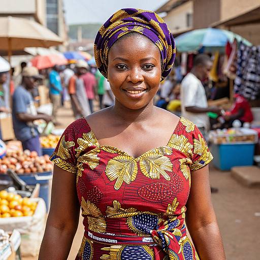 Photograph of smiling African woman in vibrant red dress with gold and blue floral patterns, wearing a matching headwrap, at a bustling outdoor market with colorful