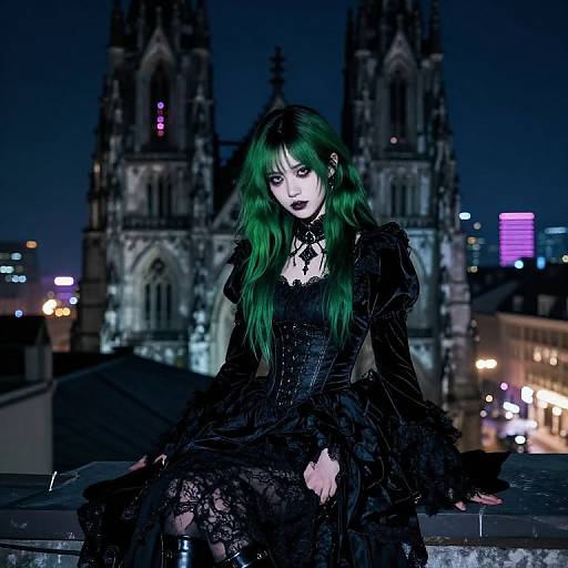 Gothic woman with green hair in black lace dress, sitting on rooftop at night, with illuminated cathedral and city lights behind.