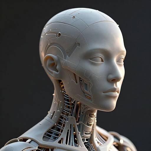 CGI image of a sleek, grey humanoid robot head with visible internal wiring and circuitry, illuminated by soft light against a dark background.