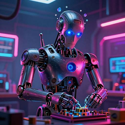 Neon-lit cyberpunk scene: A silver robot with glowing blue and pink eyes focuses on a control panel in a futuristic lab. Digital screens and