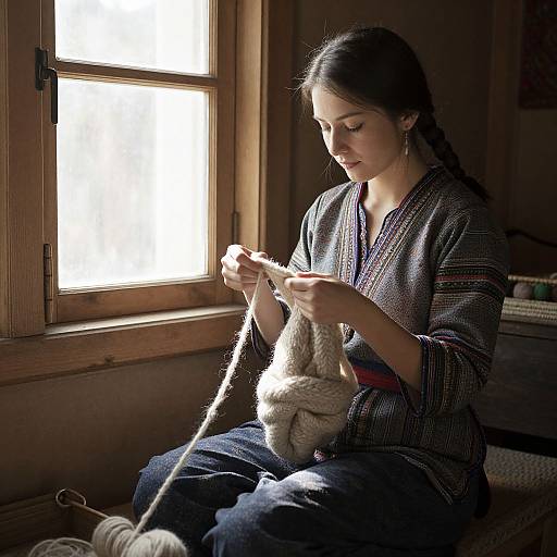 Photograph of a young woman with dark hair in a striped shirt, knitting white yarn by a sunlit wooden window.