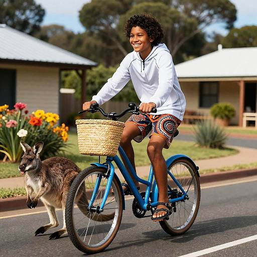 Indigenous Teen Riding Bike with Wallaby