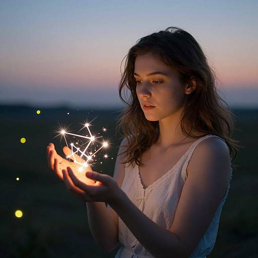 Photograph of a young woman with wavy brown hair, wearing a white lace dress, holding a sparkler at dusk, with a colorful twilight sky