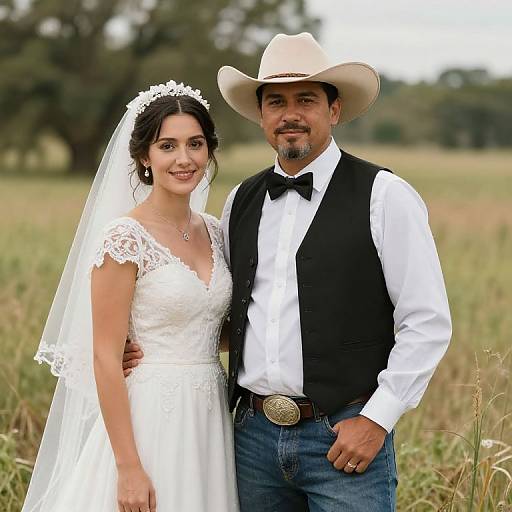 Photograph of a smiling bride in white lace dress and veil, and a groom in cowboy hat, black vest, and jeans, standing in a grass