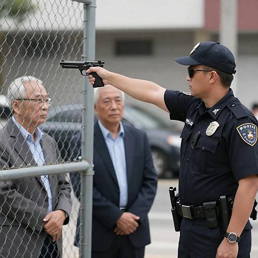 Police Officer Aiming Through Chain-Link Fence
