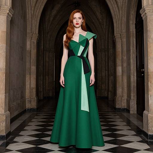 Photograph of a fair-skinned woman with long red hair, wearing a sleeveless, green, floor-length gown with geometric patterns, standing in a