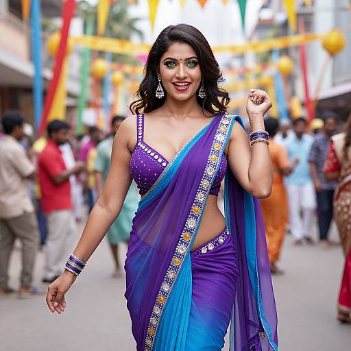 Photograph of a confident Indian woman with medium skin tone, dark wavy hair, wearing a vibrant purple-blue saree with floral embroidery, walking down