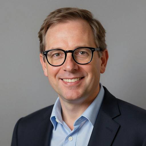 Photograph of a smiling middle-aged white man with short brown hair, black-framed glasses, wearing a dark blazer and light blue shirt, against