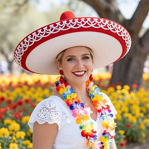 Photograph of a smiling woman with blonde hair, wearing a white lace dress, colorful flower lei, red and white sombrero, red earrings, standing