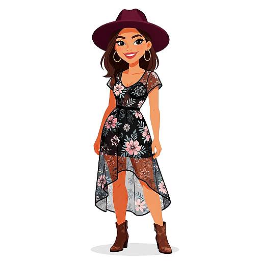 Digital illustration of a smiling woman with brown skin, wearing a black floral dress, dark purple wide-brimmed hat, hoop earrings, and brown ankle