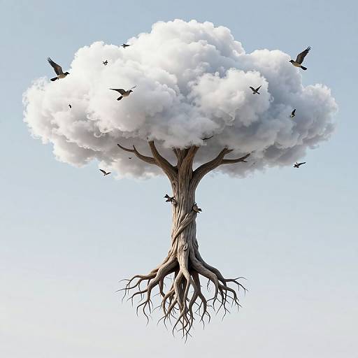 Digital artwork of a tree with a cloudy, white canopy and exposed roots, surrounded by flying black birds against a blue sky.