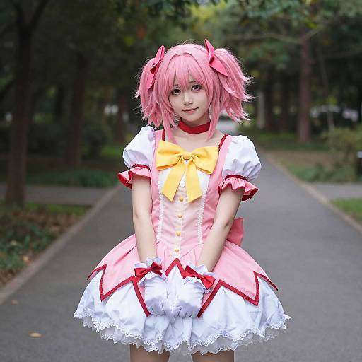 Photograph of a young woman in pink anime-style cosplay with pigtails, yellow bow, red choker, and white frilled pink dress,