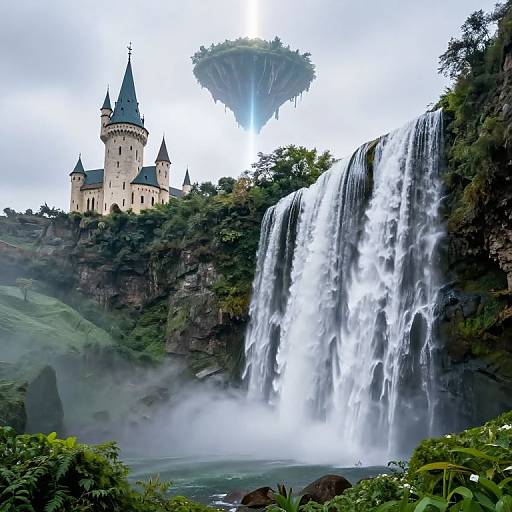 Photograph of a fantasy castle with blue spires, set against a lush forest and powerful waterfall, with a floating island in the background.