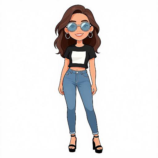 Cartoon-style drawing of a young woman with long brown hair, blue sunglasses, black crop top, blue jeans, and black high heels.