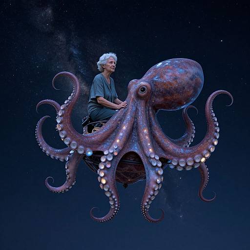 Photograph of an elderly man with white hair, wearing a dark shirt, riding a large, glowing purple octopus in a dark, starry ocean