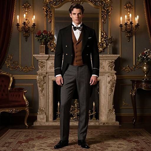 Photograph of a serious, dark-haired man in formal Victorian attire, standing in an ornate, dimly-lit room with a fireplace, c