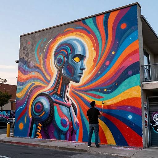 Humanoid Artist Creating Vibrant Urban Mural