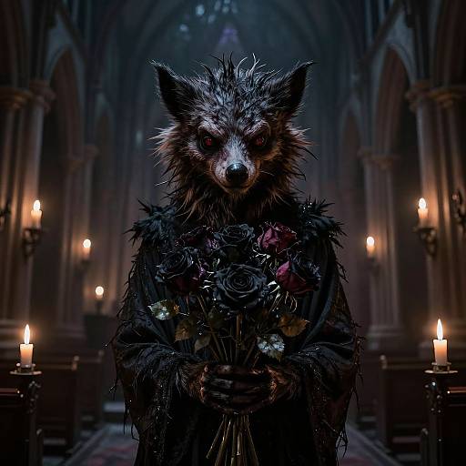 Digital artwork of a menacing, werewolf-like creature with glowing red eyes, shaggy fur, and a dark, floral cloak, standing in a