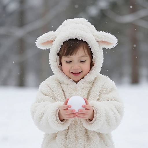 Photograph of a smiling young child with closed eyes, wearing a fluffy white bear hoodie, holding a small white ball in a snowy forest.