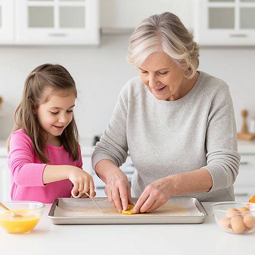 Photograph of an elderly woman with gray hair and a gray sweater, teaching a young girl with brown hair and a pink shirt to cut carrots on a