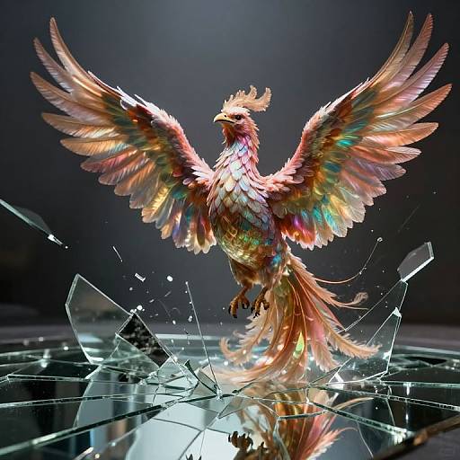 Photograph of a vibrant, multi-colored phoenix with glowing feathers, wings spread wide, shattering glass beneath it against a dark background.