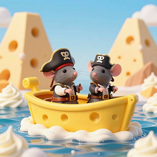 Photorealistic CGI of two gray mice in pirate hats and vests, sailing a cheese boat on blue water with cheese peaks and clouds in the background.