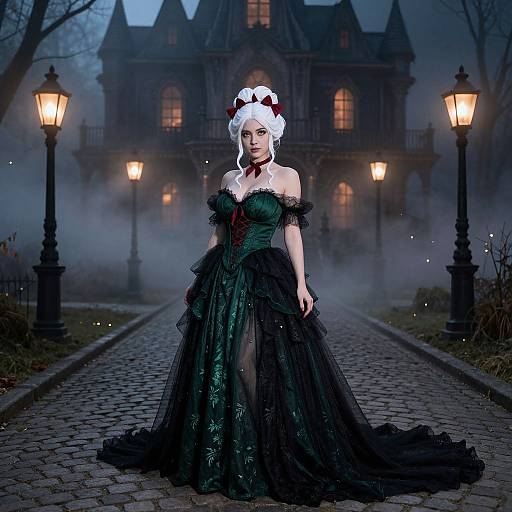 Digital artwork of a pale-skinned woman in a dark green, black lace Gothic gown with white hair, red bow, standing on a misty cob