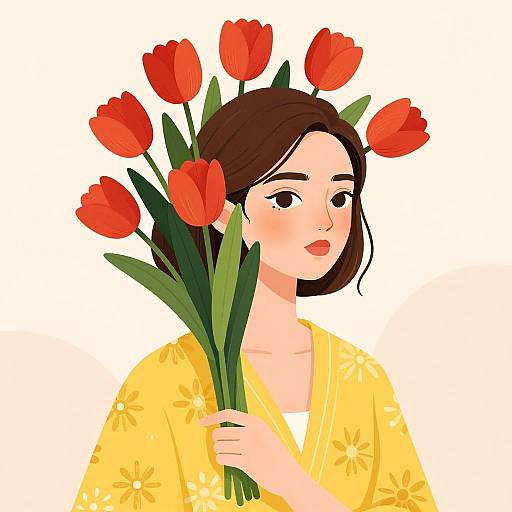 Digital illustration of a woman with fair skin and brown hair, wearing a yellow floral kimono, holding a bouquet of red tulips against a white background