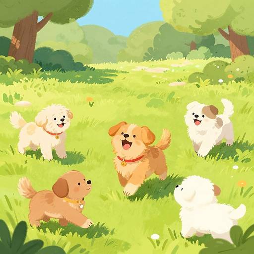 Digital illustration of five playful, colorful puppies with varied fur colors (tan, white, brown) in a bright, sunny meadow with green grass and