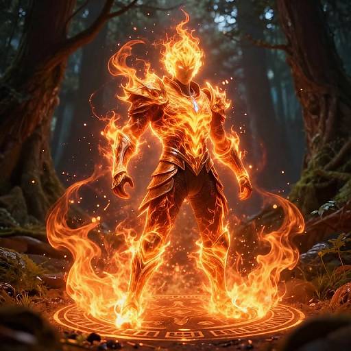 Digital artwork of a fiery, armored figure standing in a forest, surrounded by intense flames and a glowing magical circle.
