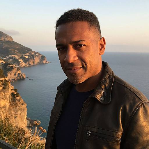 Photograph of a smiling, short-haired Black man in a black leather jacket, standing on a cliff overlooking a coastal landscape at sunset.