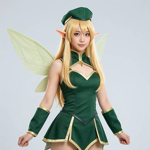 Photograph of a blonde female elf cosplay with green outfit, gold trim, green hat, fairy wings, and pointy ears, standing against a white