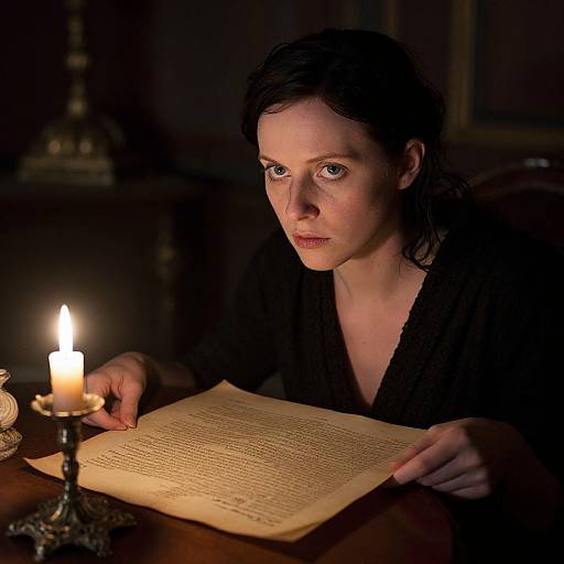 Photograph of a serious woman with dark hair, wearing a black robe, reading by candlelight in a dimly lit room.