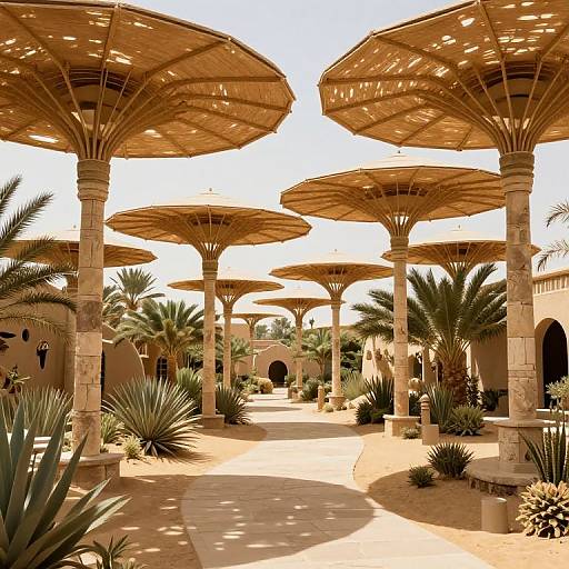 Sunlit courtyard with beige stone columns and large, circular, woven parasols. Palm trees and agave plants surround a sandy pathway. Photorealistic