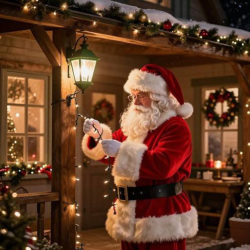 Photograph of Santa Claus in red velvet suit, white fur trim, black belt, and glasses, lighting a lantern on a wooden porch adorned with Christmas