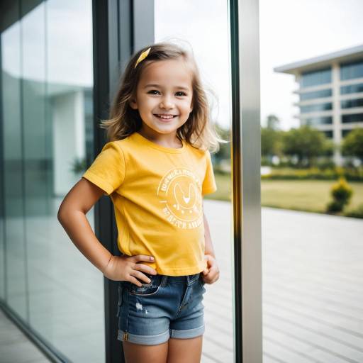 Smiling toddler girl in yellow shirt and denim shorts