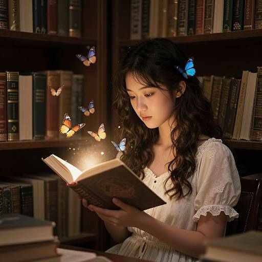 Photograph of a young woman with long, wavy black hair and blue butterfly hairpin, wearing a white lace dress, reading a glowing book in