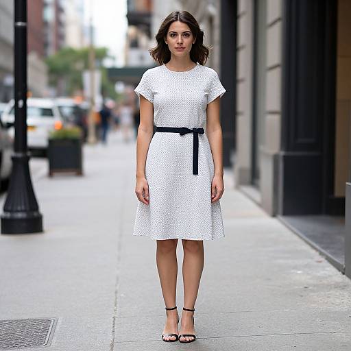 Photograph of a young woman with wavy brown hair, wearing a white polka-dot dress with black belt, black sandals, standing on a city