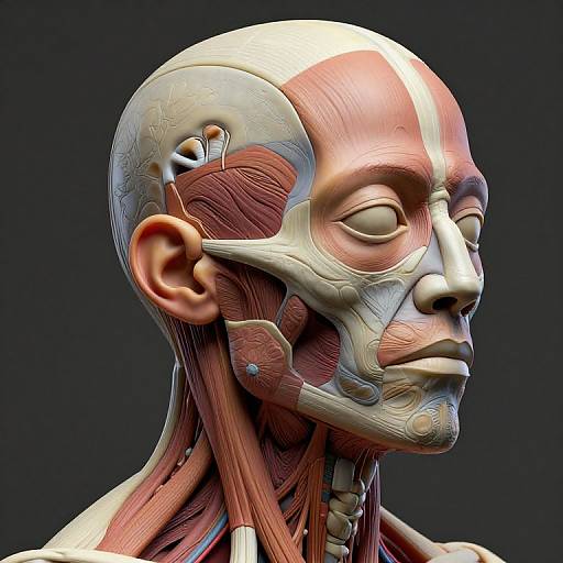 Digital CGI of a human head, displaying detailed anatomical muscles and bones, with a dark background. Realistic, highly detailed, and educational.