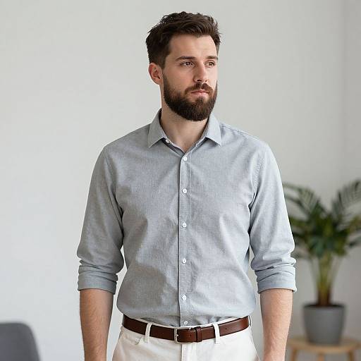 Photograph of a bearded man with short brown hair, wearing a light blue button-up shirt and white pants, standing indoors with a potted plant