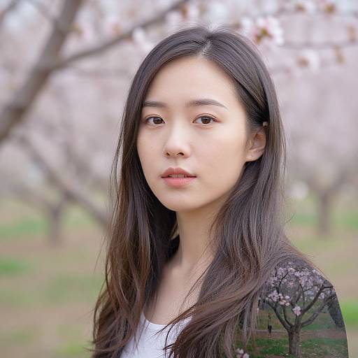Photograph of a young Asian woman with long, dark hair, light skin, and brown eyes, wearing a black floral top, standing in a blurred