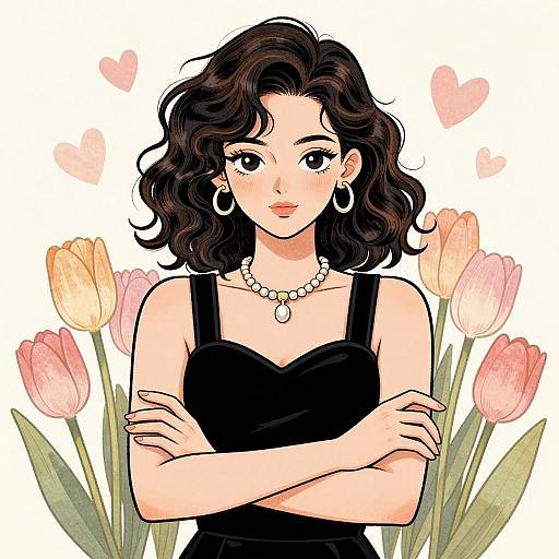 Digital illustration of a confident woman with wavy black hair, wearing a black dress, pearl necklace, and hoop earrings, arms crossed, surrounded by pink