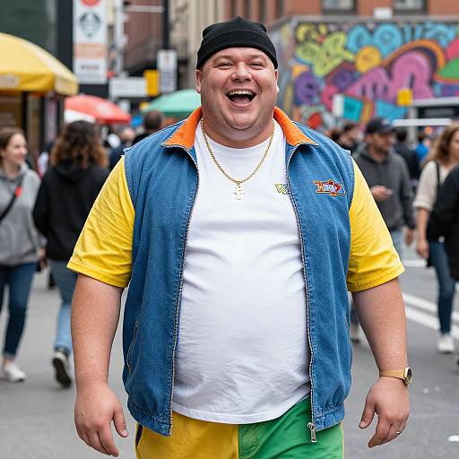 Photograph of a joyful, obese man with a black beanie, yellow shirt, blue denim vest, white t-shirt, gold chain, and green