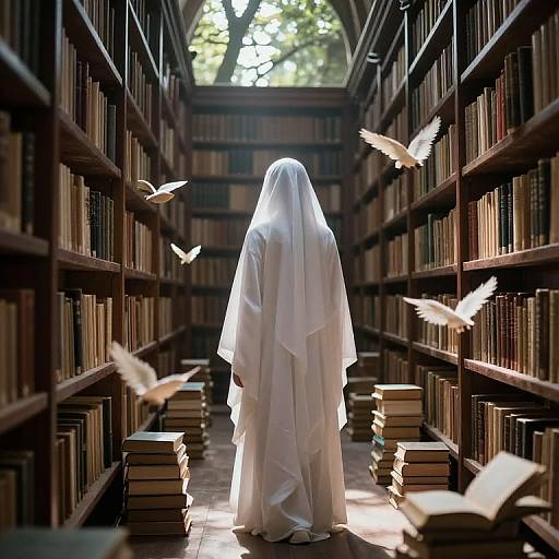 Photograph of a mysterious white-robed figure with hooded face standing in a dimly lit, narrow library aisle, surrounded by flying doves and