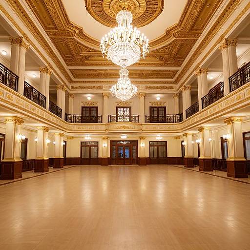 Photograph of an ornate, grand ballroom with a large, central chandelier, gold-accented ceiling, marble floors, and two-story