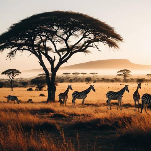 Zebras and Giraffes in South African Savannah at Sunset Zebras and Giraffes in South African Savannah at Sunset