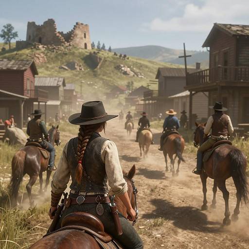 Female Outlaw Leading Riders Through Old Western Town