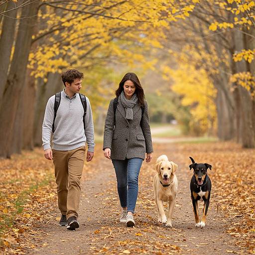 Photograph of a young couple walking a yellow Labrador and black dog on a leaf-covered autumn path with yellow trees.